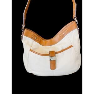 Tignanello Two Tone Soft Cream Leather Tan Trim Slouchy Hobo Shoulder Bag